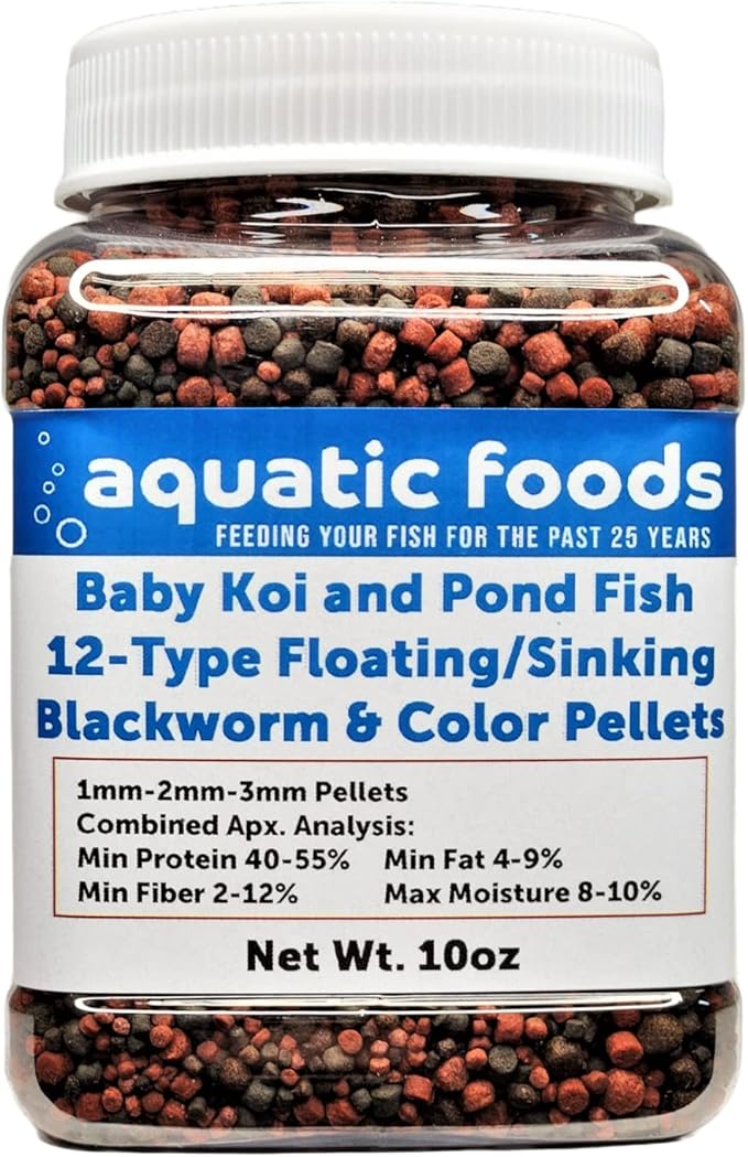 Koi & Pond Fish 12-Type Floating & Sinking 1mm, 2mm, 3mm Blackworm & Intense Coloring Pellets for Baby and Juvenile Koi…10oz Small Jar