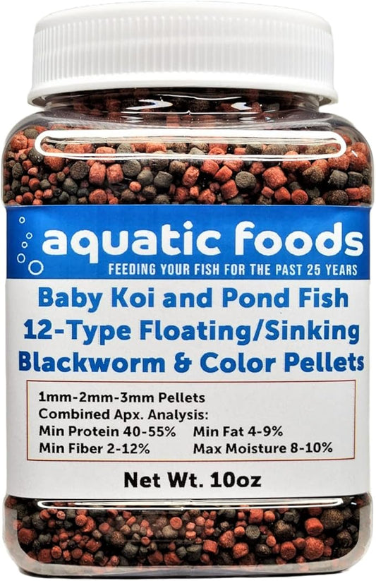 Koi & Pond Fish 12-Type Floating & Sinking 1mm, 2mm, 3mm Blackworm & Intense Coloring Pellets for Baby and Juvenile Koi…10oz Small Jar