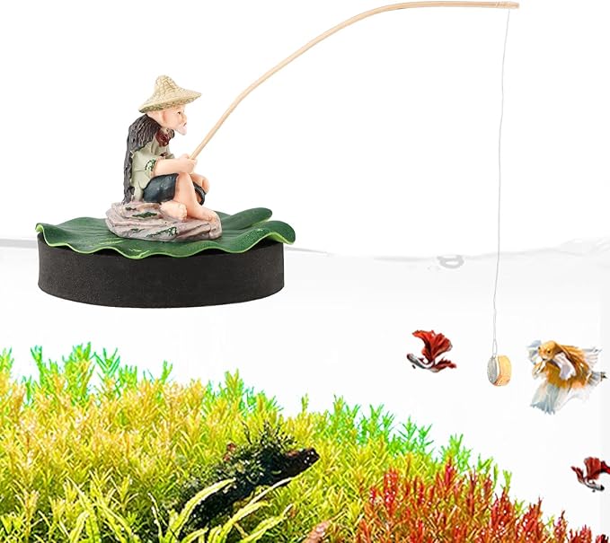 Resin Fisherman Aquarium Decor with Realistic Mini Fishing Rod, Sitting Fishing Figurines Floating Fish Tank Decorations, Fun Fish Feeder Aquarium Ornaments(Style 2)