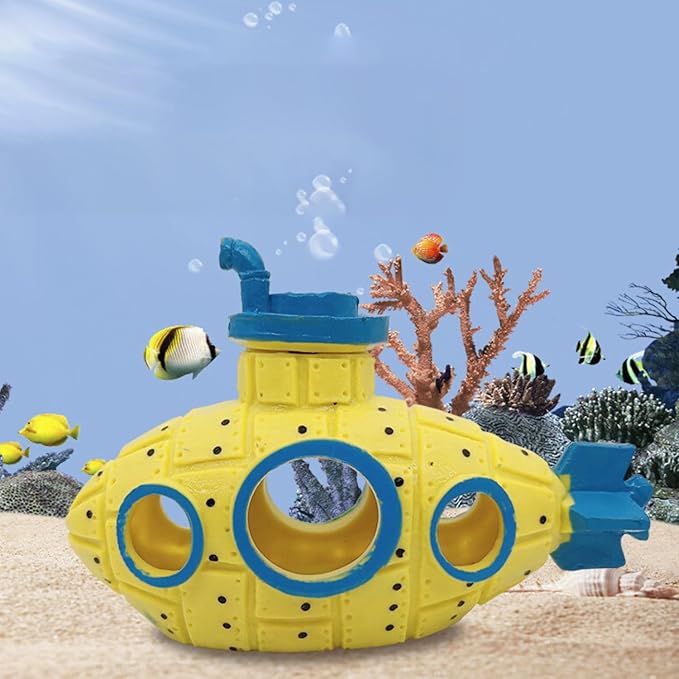 Saim Little Cute Retro Submarine Aquarium Decoration,Cave Landscaping Ornament for Shrimp Shelter Betta Cichlid Goldfish Hermit Crabs Fish Tanks Fish Toy - Yellow