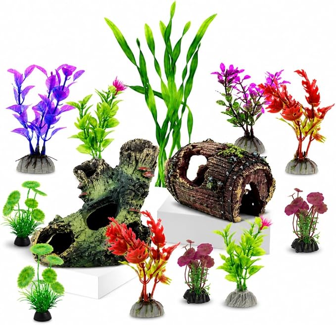 Aquarium Decorations Set, Fish Tank Decor with Artificial Plants and Resin Ornaments, Betta Fish Tank Accessories for Small Tanks, Soft Safe Plastic Plants with Hideout Cave Décor(Ornaments set #2)