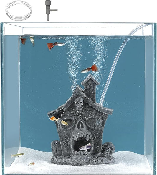 Carefree Fish Aquarium Haunted House Halloween Ghost Bubbler Decor Fish Hide-Out Ornament with 3Ft Tubing and Tiny Air Stone（No Included Air Pump