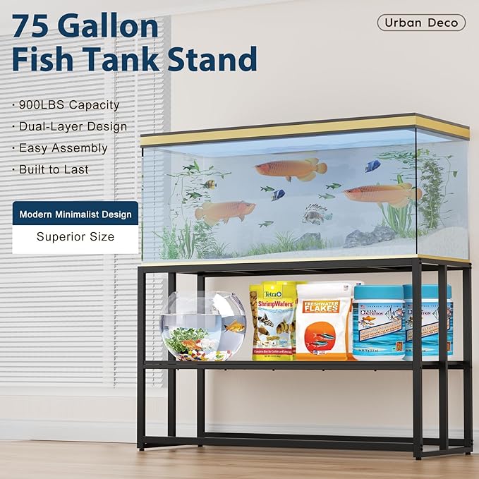 Urban Deco 55-75 Gallon Fish Tank Stand 900LBS Capacity For Aquarium Stand Metal Fish Tank Stand 48.4"x19.7"x31.5" Dual-Layer Design Terrarium Stand Ideal for Home and Office, Black