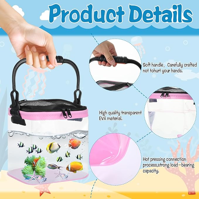 2 Sets Catch Plastic Beach Aquarium Kit, Release Aquarium Box for Beach with Retractable Net Bag and Transparent Portable Handheld（Pink）