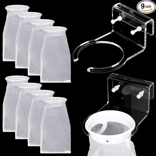 8 Pcs 4 Inch Ring Filter Sock 200um Micro Aquarium Nylon Filter Bags and 1 Pcs 4" Acrylic Pre Sump Sock Holder Aquarium Socks for Tank Sump Saltwater Freshwater