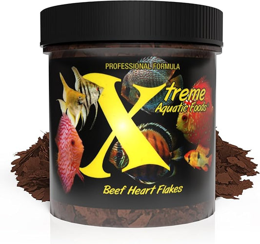 Xtreme Beef Heart Flakes - High Protein, Nutrient-Dense for Tropical & Freshwater Fish, Supports Growth, Color Enhancement, Easy Digestion - Ideal for Discus and Cichlids (2oz)