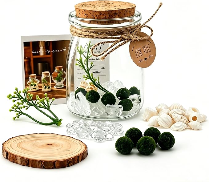 Moss Balls Glass Terrarium Kit - 5 Decorative Green Balls with Glass Jar, White Crystal, DIYAquarium and Desk Decor, Easy-Care Gift for Home and Office