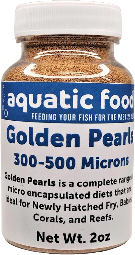 Golden Pearls 300-500 Micron Size for Fry, uveniles of Shrimp, Axolotls, Discus, Cichlids, Catfish, Tetras, Angel Fish, Guppies, Bettas, Goldfish, Corals, Reefs…2oz Bottle