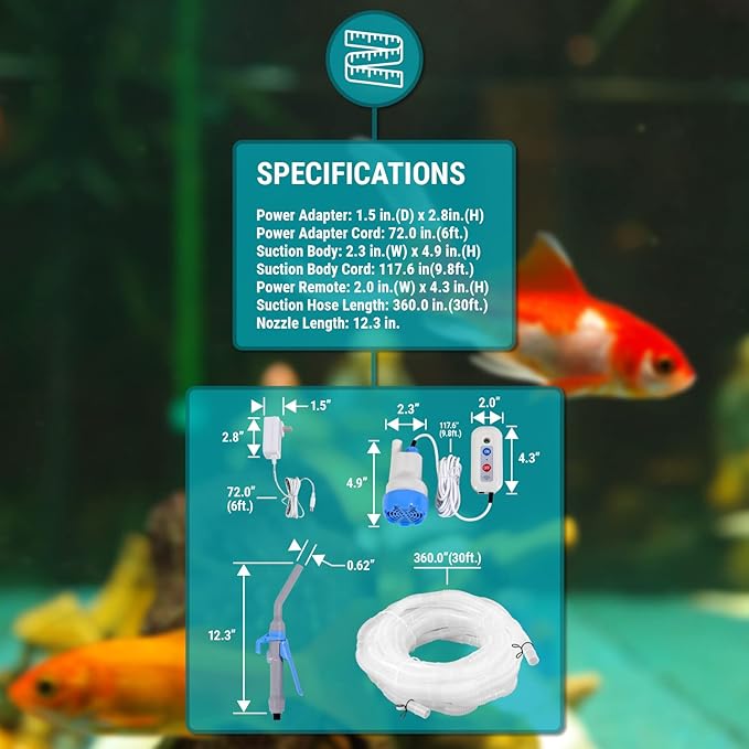 TERA PUMP Aquarium Gravel Cleaner - Electric Automatic Removable Vacuum Fish Tank Water Changer, Sand Washer, Algae Cleaner Filter & 30 ft Hose Up to 8 Liters per Min