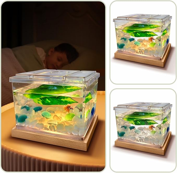 MoonOrange Mini Betta Fish Tank Kit with LED Light Base, Small Fish Bowl for Temporary Space, 0.2 Gallon Stackable Cube Tank with Betta Leaf for Small Fish, Insect, Shrimp, Crab, Spider (Kit-1)