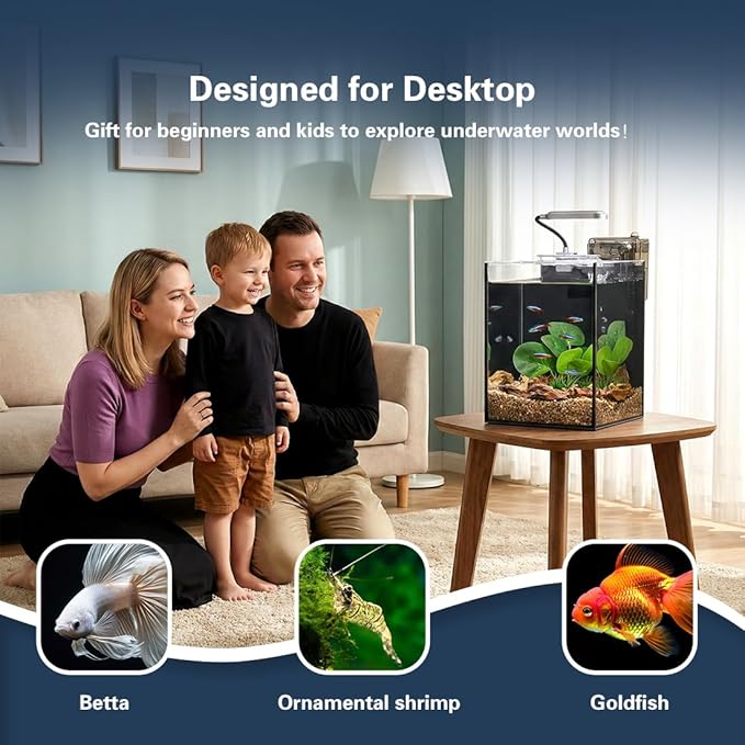 Fish Tank Kit,1.2 Gallon Small Aquarium,Ultra-Clear Nano Aquarium,Betta Fish Tank,Small Fish Tank,Aquarium Starter kit with Light,Filter,Pine Skin Stone,Sand and Artificial Plants