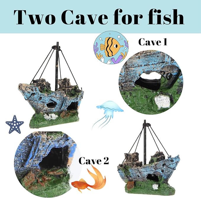 Fish Tank Decorations, Resin Shipwreck Aquarium Decor for Tank, Sunken Ship Aquarium Decorations Large, Betta Fish Tank Accessories, Wrecked Ship Fish Hideout Freshwater Saltwater Tanks