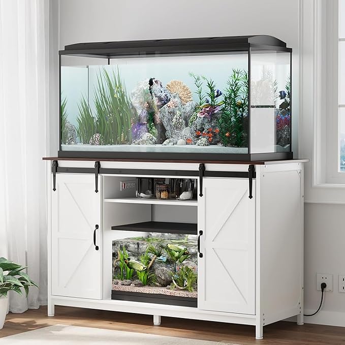VOWNER Farmhouse 55-75 Gallon Fish Tank Stand with Power Outlet, Aquarium Stand with Storage Cabinet and Sliding Barn Door, Heavy Duty Reptile Tank Stand, for 2 Tanks, 1000LBS Capacity, White + Walnut