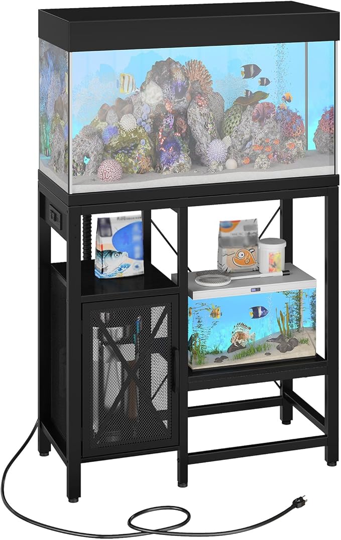 MAHANCRIS 20-37 Gallon Fish Tank Stand, Aquarium Stand with Power Outlet and Storage Cabinet, Heavy Duty Tank Stand Suitable for Turtle Tank, Reptile Terrarium, for Home Office, Black FTHB40E01