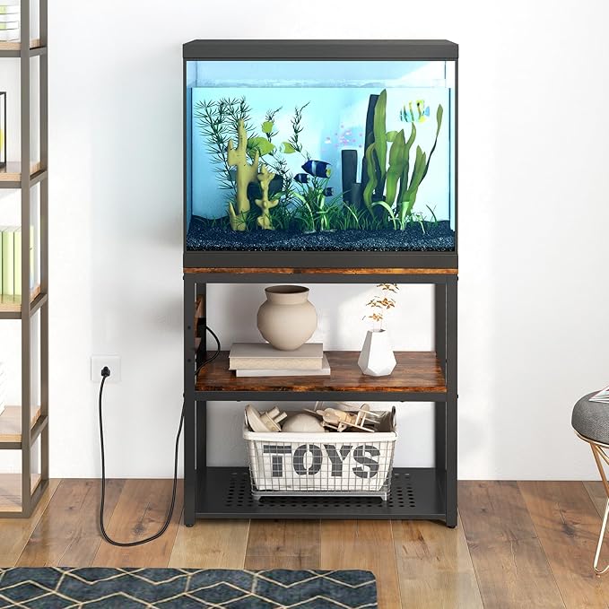 Livofloral 20-29 Gallon Fish Tank Stand With Power Outlets, 3-Tier Metal Aquarium Stands, Breeder Reptile Tank Stand with Shelf for Home Office, 660LBS Capacity, 29.5 x 15.8 x 30.1 inches, Brown