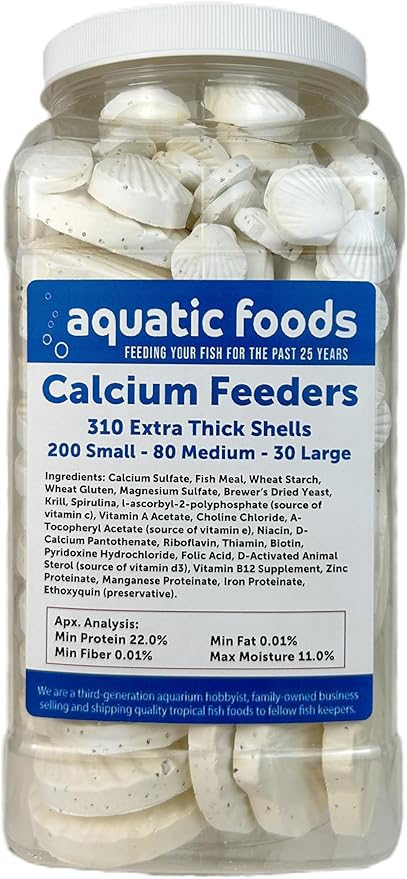 Calcium Feeder Small, Medium & Large Shells. Extra Thick Shells for Shrimp, Snails, Crabs, Crayfish, Hermit Crabs and All Tropical Fish…310 Count Jar