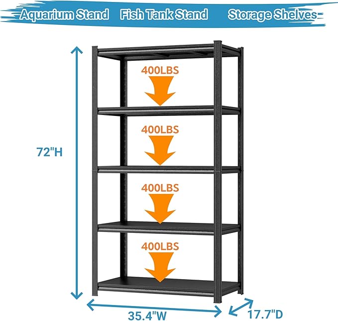 PRESTELION Aquarium Stand Fish Tank Stand 2000LBS Storage Shelves Heavy Duty Adjustable Metal Shelving Display Shelves Utility Shelf for Turtle Tank, Reptile Terrarium , 72" H×35.4" W×17.7" D, Black