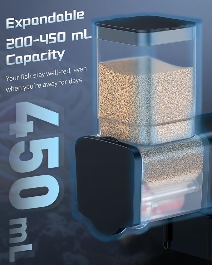 Pawfly Automatic Fish Feeder for Aquarium, 200/450 mL Auto Fish Feeder Automatic Dispenser, Adjustable Auto Fish Food Dispenser with Timer, Fish Food Vacation Feeder, Battery Operated (Not Included)