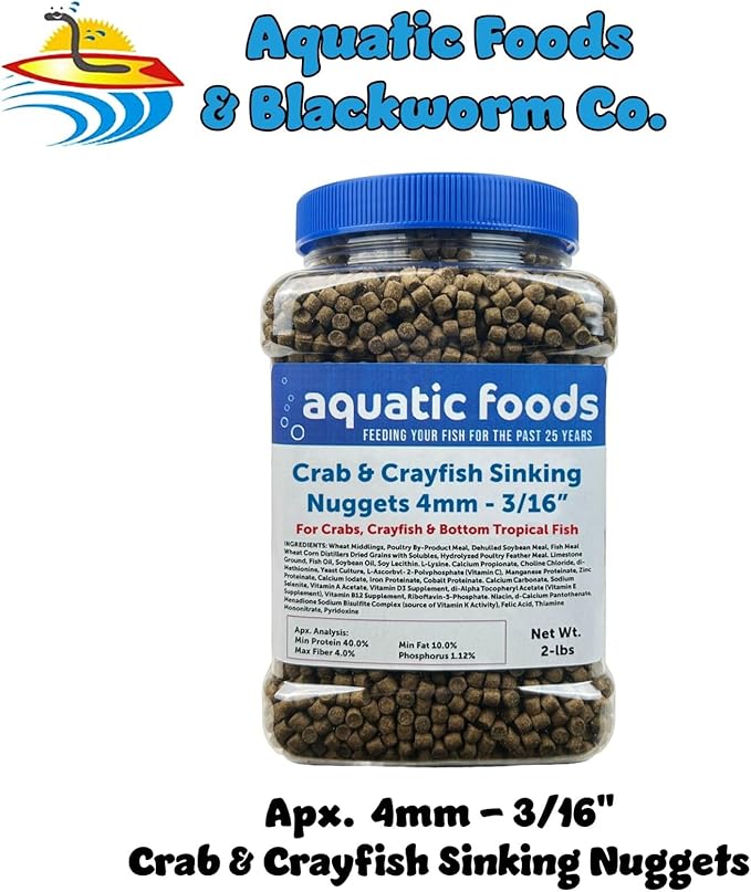 Crab & Crayfish 4mm-3/16 Sinking 40% Protein Nuggets for Crabs, Crayfish, Axolotl, Salamanders, Snails, All Bottom Tropical Fish...2-lbs Jar