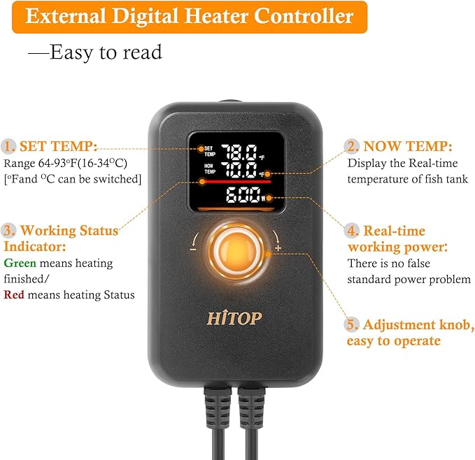 HITOP 600W Digital Submersible Aquarium Heater: Large Fish Tank Heater with Intelligent Temp Control Device, Titanium Aquarium Heater for Freshwater/seawater for 75-150Gal Tank