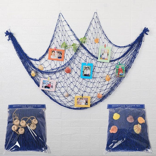 Fish Net Decorations for Party, Natural Cotton Hawaiian Party Large Fishing Net Decorative 78 x 59 Inch, Nautical Themed Cotton Fishnet with 9 Shells for Birthday Wedding Ocean Beach Decor