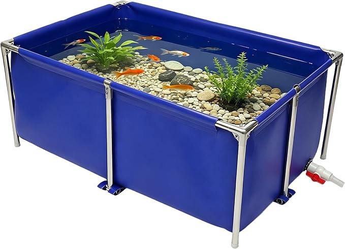 Foldable Canvas Fish Pond, Above Ground Fish Aquarium with Steel Frame and Drain Valve, 20in Deep Display Show Tank Koi Pond Water Pool for Outdoor Indoor Breeding, 47.2" L x 31.4" W x 19.6" H