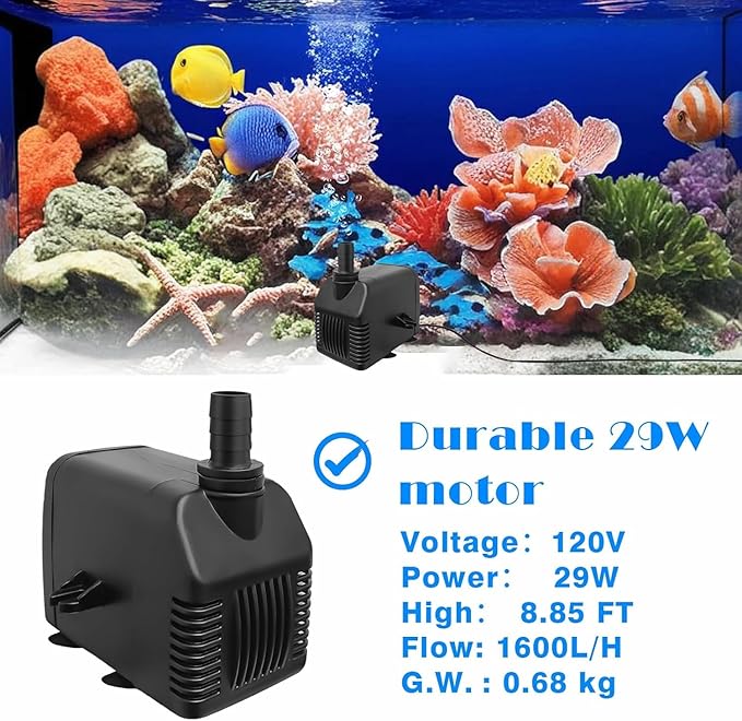 800GPH Submersible Water Pump (3000L/H, 24W), Ultra Quiet Fountain Pump with 2 Nozzles, 6.5ft Power Cord for Fish Tank, Pond, Aquarium, Statuary, Hydroponics