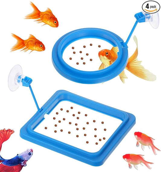 4 Pack Fish Feeding Ring, Aquarium Betta Feeding Ring for Fish Tank, Goldfish, Guppy, Turtle, Suction Included(Blue, 2 Round & 2 Square)