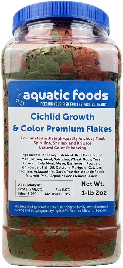 Cichlid Growth & Color Enhancing Flakes for Cichlids, Discus, All Tropicals. Aquatic Foods Premium Flakes…1-lb 2oz Lg Jar