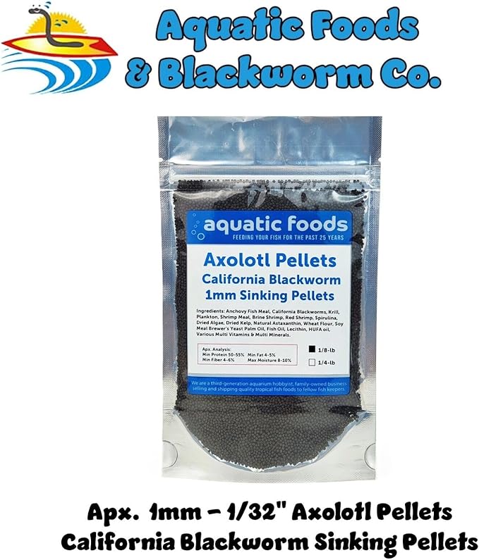 Axolotl Blackworm Pellets. 1mm-1/32 Sinking California Blackworm Micro Pellets for Baby Axolotl, Frogs, Shrimp, Salamanders, Newts, Snails…1/8-lb Pouch Bag