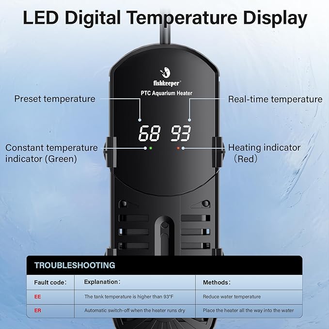 fishkeeper Aquarium Heater, 500W Submersible Fish Tank Heater with Induction Heating (IH) Systems and Temperature Controller for Freshwater Saltwater, LED Display, Explosion (No Glass) for 90-130 Gal