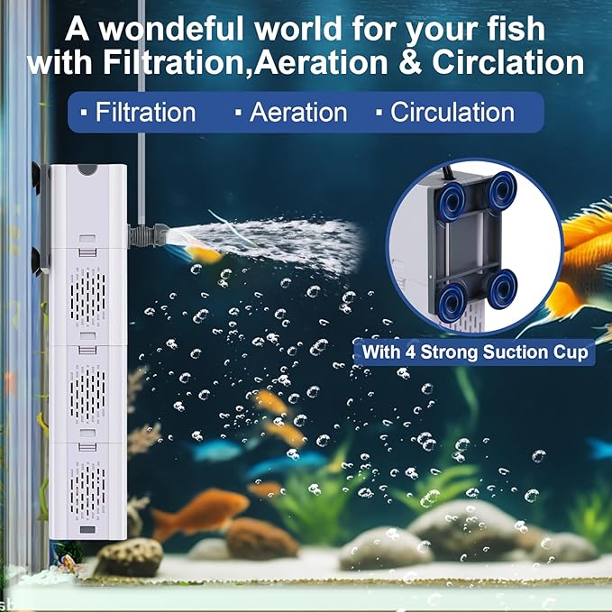 320 GPH 4-in-1 aquarium filter, 60-100 gallon fish tank filters Filtration and Oxygenation, filter for fish tank with biochemical cotton, ceramic beads, Multi-functional turtle tank filter(20 W)