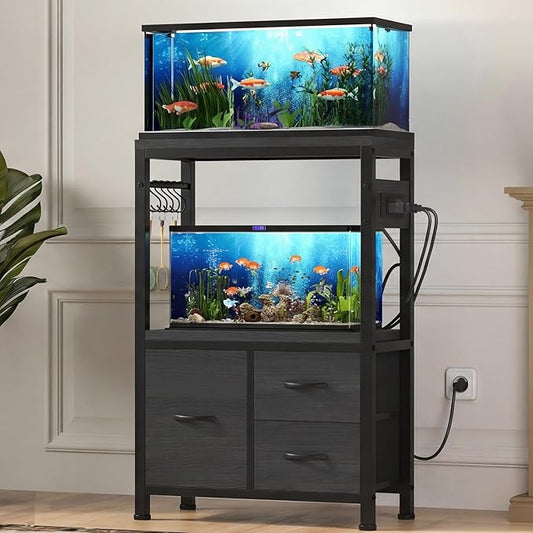 Heybly 5-10 Gallon Fish Tank Stand, Aquarium Stand with Drawer, Power Outlet, Heavy Duty Metal Frame, for Fish Tank, Turtle & Reptile Terrarium, 20.5" × 10.2" Top, 200lbs, Black HAS002SBK