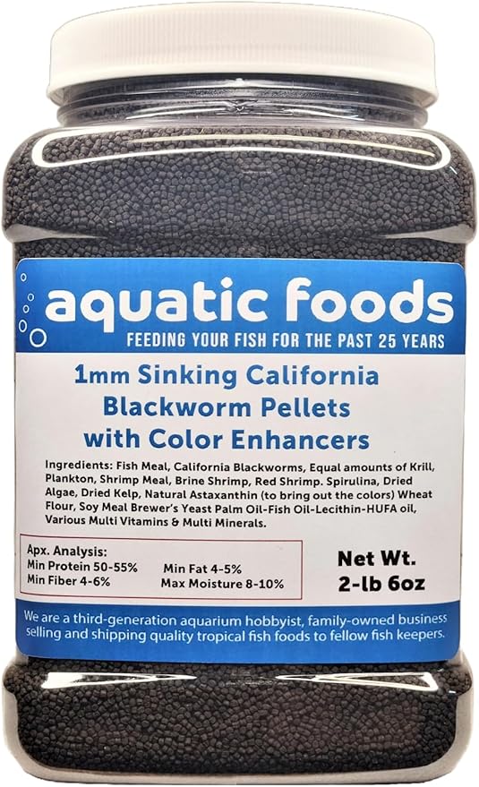1mm Sinking Blackworm Pellets with Color Enhancers & Vitamins for Shrimp, Snails, Catfish, All Bottom Fish, Small Discus, Cichlids, Community Tropical and Pond Fish…2-lb 6oz Med Jar