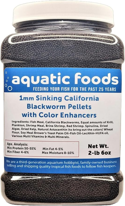 1mm Sinking Blackworm Pellets with Color Enhancers & Vitamins for Shrimp, Snails, Catfish, All Bottom Fish, Small Discus, Cichlids, Community Tropical and Pond Fish…2-lb 6oz Med Jar