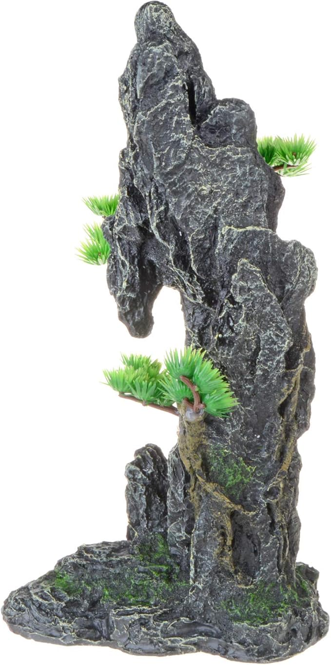 Tall Aquarium Decor Mountain View with Tree & Cave 13.8inch, Large Fish Tank Decoration, Artificial Resin Rock Mountain Betta Fish Tank Ornament for Goldfish Cichlid Shrimp Hiding Playing