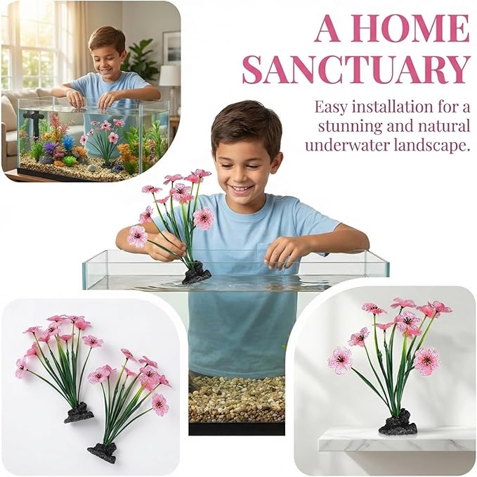 Veemoon 2 Pcs Pink Aquarium Artificial Plants, 7.47 Inch Tall Fake Lotus Flower Decor, Plastic Betta Fish Tank Desktop Bowl Accessories