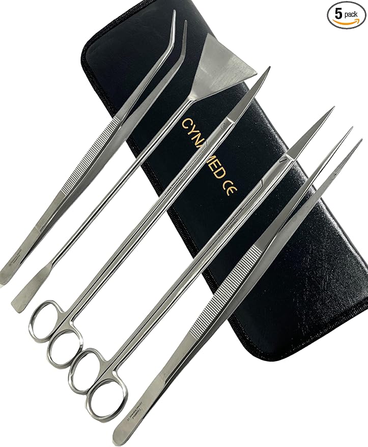 GERMAN FISH AQUARIUM CLEANING KIT STAINLESS 5PCS WITH POUCH BASIC TOOLS SCISSORS TWEEZERS SPATULA CYNAMED