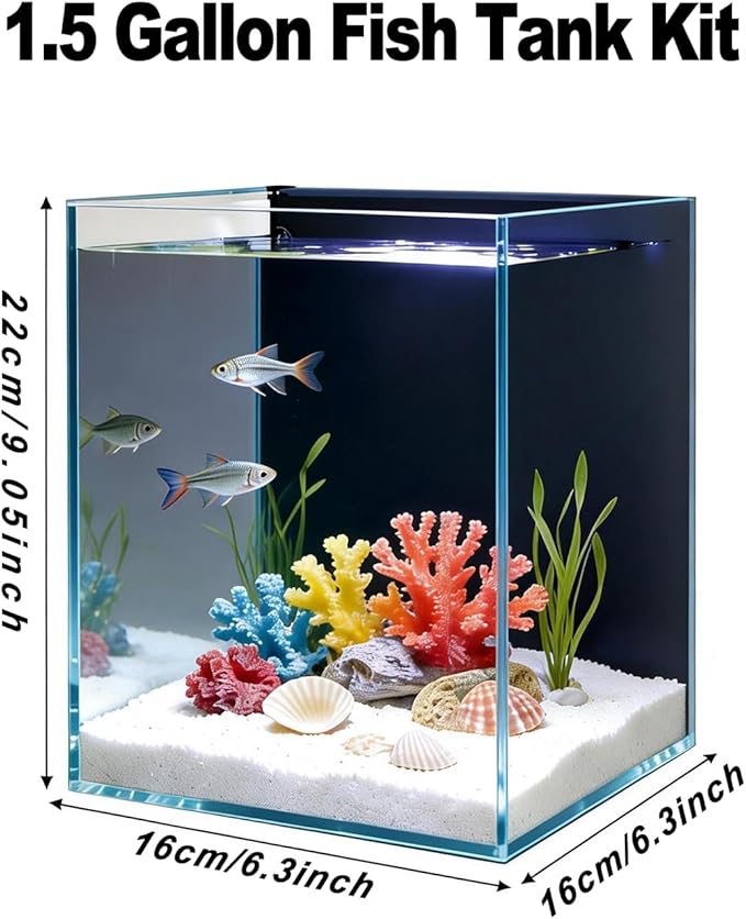 Betta Fish Tank kit,Small Nano Glass Fish Tank Start Kit with Filter,LED Light for Shrimp,Small Fish,Betta (1.5 Gallon)