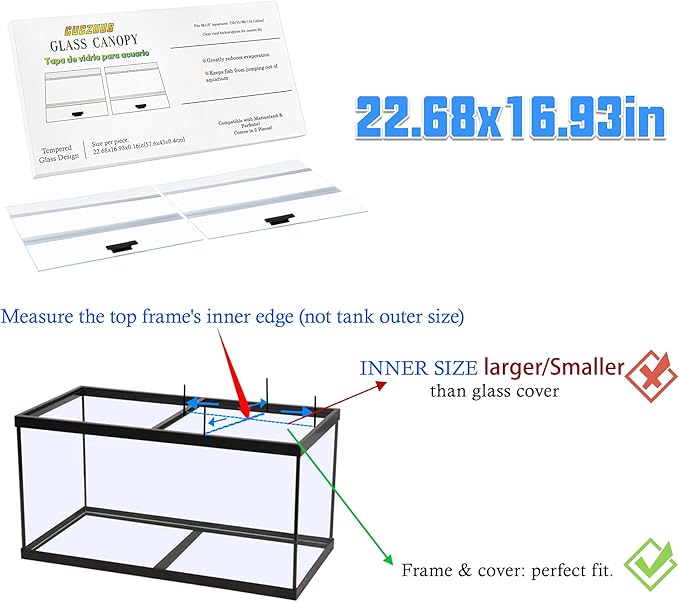 2PCS Set Glass Canopy,22.68x16.93in(Each PCS) Clear Tempered Aquarium Fish Tank Hoods FITS for Marineland Perfecto 70/75/90/110 Gallon 48x18 Aquarium Fish Tank