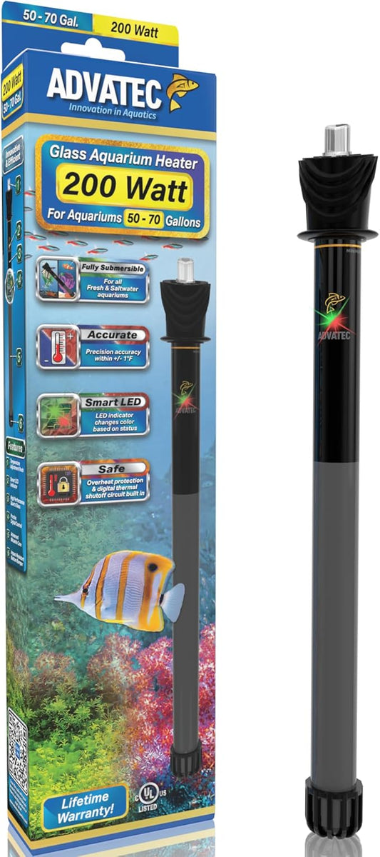 Glass Aquarium Heaters with Advanced LED Temperature Control System - for Fresh & Saltwater Aquariums (200 Watts / 50-70 Gallons)