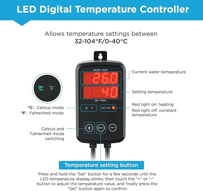 Titanium Aquarium Heater 200W, Submersible Fish Tank Heater with Digital Display Temperature Controller, 0℃-40℃ Adjustable, Fast Heating for 20 ~ 40 Gal Saltwater Freshwater Fish Tank, MX-9016(200W)