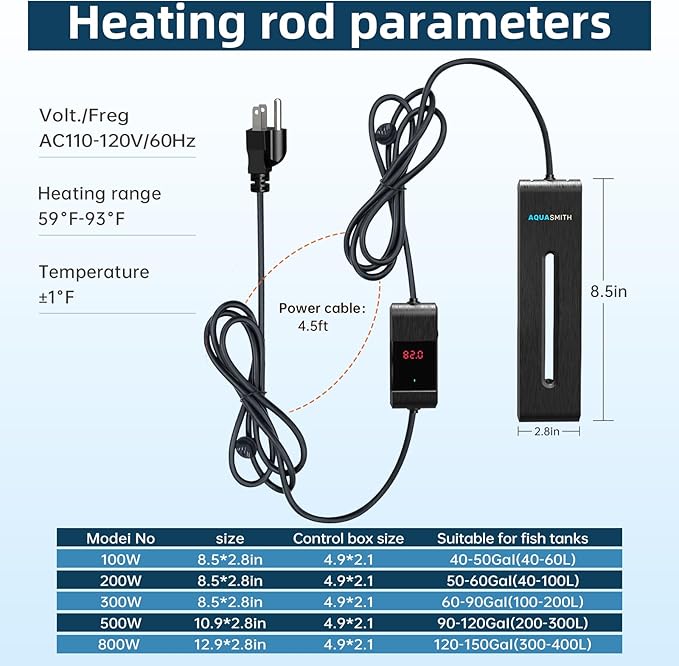 AQUASMITH Aquarium Heater,800W Fish Tank Heater,Suitable for 120-150 Gallon Fish Tank,Dual-chip Intelligent Temperature Control,Has a Variety of Intelligent Security Protection Functions