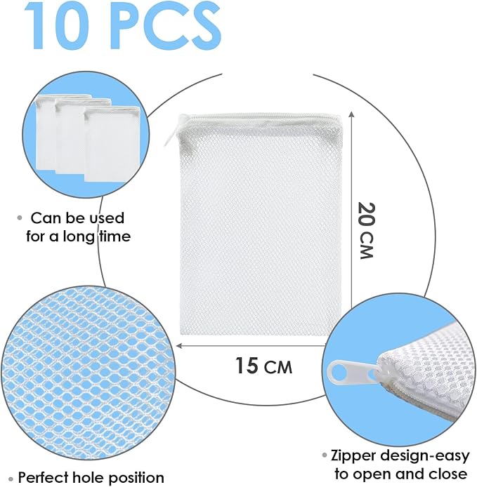 10PCS Aquarium Filter Media Bags with Drawstring Zipper, Reusable Fine Mesh Bags for Activated Carbon, Bio Balls, Ceramic Rings, Substrate, Fish Tank Filter Accessories