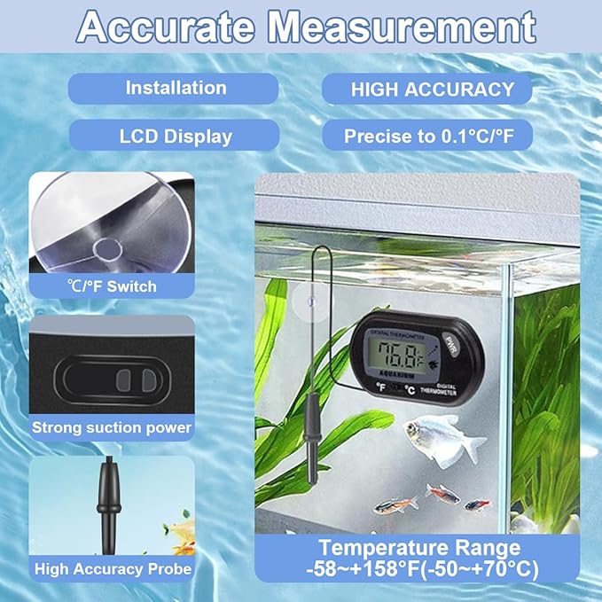 Fish Tank Cleaner Kit with Digital Thermometer, Gravel Vacuum for Aquarium, Aquarium Vacuum & Siphon, Fish Tank Cleaning Kit, Safe for Shrimp & Small Fish