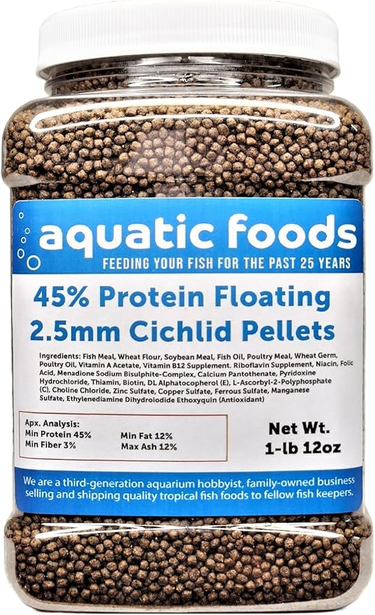 Cichlid Pellets, 45% Protein Floating 2.5mm (3/32") Pellets for Smaller Discus,Oscars, Central American, South American Cichlids…1-lb 12oz Med Jar