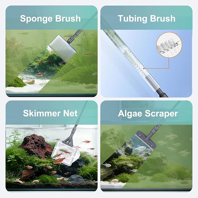 Carefree Fish 7IN1 Aquarium Cleaning Tools Long Handle Adjustable Length 18~24Inch Fish Tank Cleaner Kit Algae Scraper Scrubber Brushes Set Plant Scissor Long Tweezer