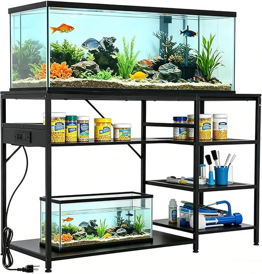 FAHKNS 55 75 Gallon Aquarium Stand Heavy Duty 1200lbs Capacity, Black Steel Frame Fish Tank Stand with Electrical Outlet & USB, Storage Cabinet for Large 49 Inch Aquariums