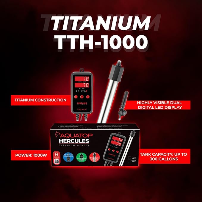 Aquatop Hercules 1,000W Titanium Heater with Digital Controller – for 300-Gallon Tanks – Adjustable Temperature – for Fresh & Saltwater Aquariums