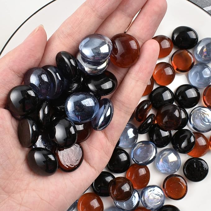 Flat Glass Marbles 1lb, 100PCS Mixed Color Black Amber Gray Glass Beads Rocks Flat Gems Stone for Vase Filler Aquarium Tank Pebbles Decoration